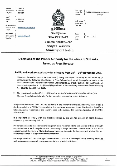 Public and work related activities effective from 16 Nov to 30 Nov 2021 Page 1