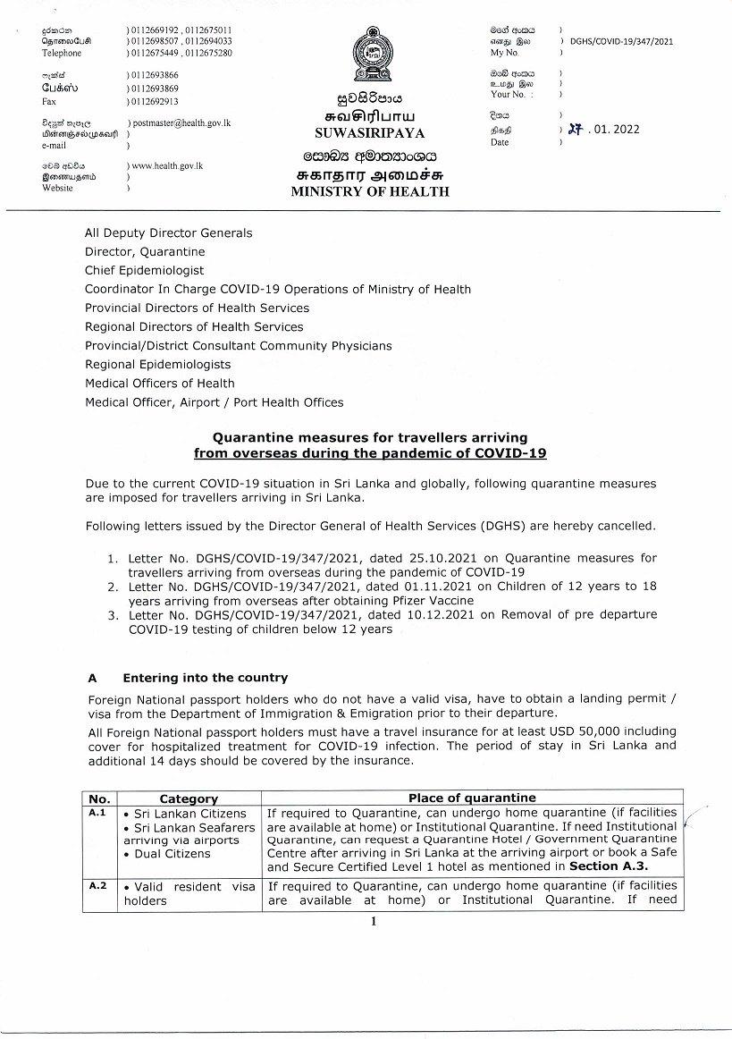 Quarantine measures for travellers arriving from overseas during the pandemic of COVID 19 Page 01